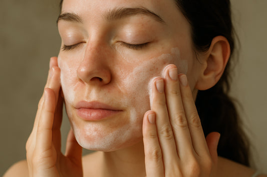 Close-up photo of a woman gently cleansing her face with a vegan facial cleanser, emphasizing care for reactive skin. Alt: Gentle vegan facial cleanser for reactive skin application.