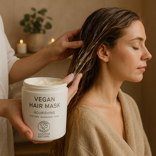 A luxurious vegan hair mask being applied to dry damaged hair in a serene spa setting. Alt: COSMOS certified vegan haircare routine for dry damaged hair, nourishing hair mask application.