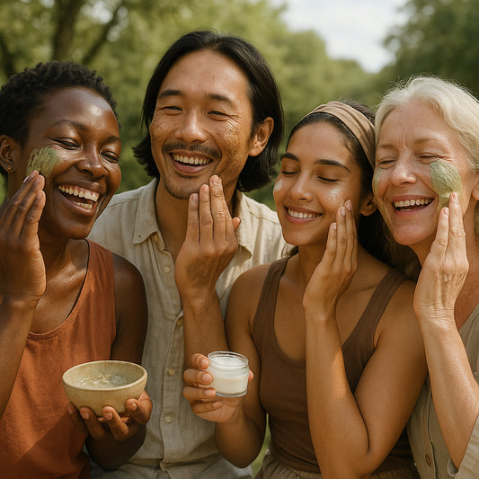 A diverse group of people participating in a community skincare ritual outdoors under soft natural light, smiling and applying natural products. Alt: Community self-care rituals for radiant skin fostering togetherness and glowing complexions.