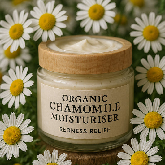 A jar of organic chamomile moisturiser surrounded by fresh chamomile flowers. Alt: Organic chamomile moisturiser for redness relief in an elegant eco-friendly jar.