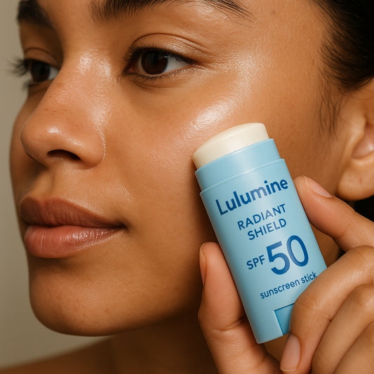 A close‑up of a hand applying the Lulumine Radiant Shield SPF 50 stick on the cheek, showing a radiant, no‑white‑cast finish. Alt: how to use Lulumine Radiant Shield SPF 50 for flawless sun protection.
