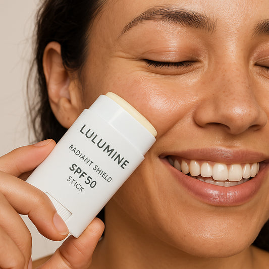 A close‑up of a hand applying Lulumine Radiant Shield SPF 50 stick to a smiling face. Alt: how to use Lulumine Radiant Shield SPF 50 application step by step