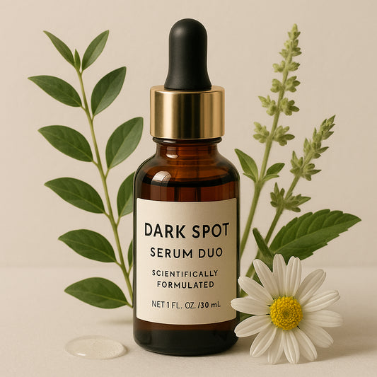 An elegant bottle of dark spot serum duo with botanical ingredients emphasizing purity and effectiveness. Alt: Emotional customer journeys dark spot duo organic skincare packaging