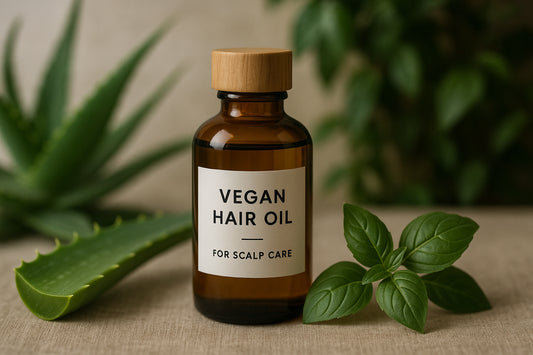 A descriptive prompt for an AI image generator, related to vegan hair oils. Alt: Vegan hair oil for scalp care