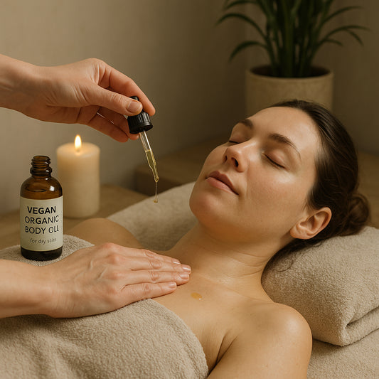 A calm and serene spa scene showcasing vegan organic body oil application for sensitive dry skin. Alt: Vegan organic body oil for dry skin UK nourishing and soothing sensitive skin.