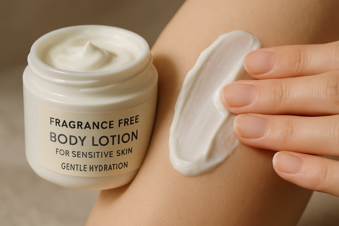 Close-up of a jar with fragrance free body lotion cream being applied on soft skin. Alt: Fragrance free body lotion for sensitive skin providing gentle hydration