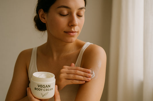 A serene woman gently applying vegan body cream to her arm in natural lighting. Alt: applying vegan body care cream for sensitive skin routine.