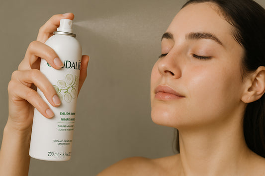 Bottle of Caudalie Grape Water mist spraying gently over a serene female face. Alt: Prebiotic face mist benefits with organic grape water serum on sensitive skin.