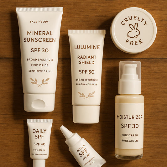 A flat lay of cruelty free SPF skincare products on a wooden table, including LULUMINE Radiant Shield SPF 50. Alt: cruelty free SPF options for sensitive skin arranged aesthetically.