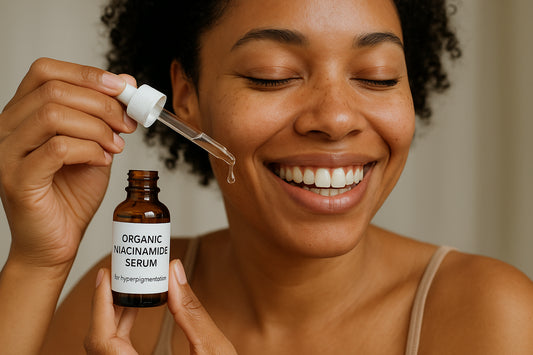 A descriptive prompt for an AI image generator, related to testimonials on skincare products. Alt: Happy customer using organic niacinamide serum for hyperpigmentation.