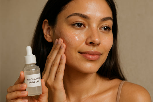 A beautiful woman applying niacinamide glow gel to her face. Alt: “Radiant skin achieved with niacinamide glow gel application.”