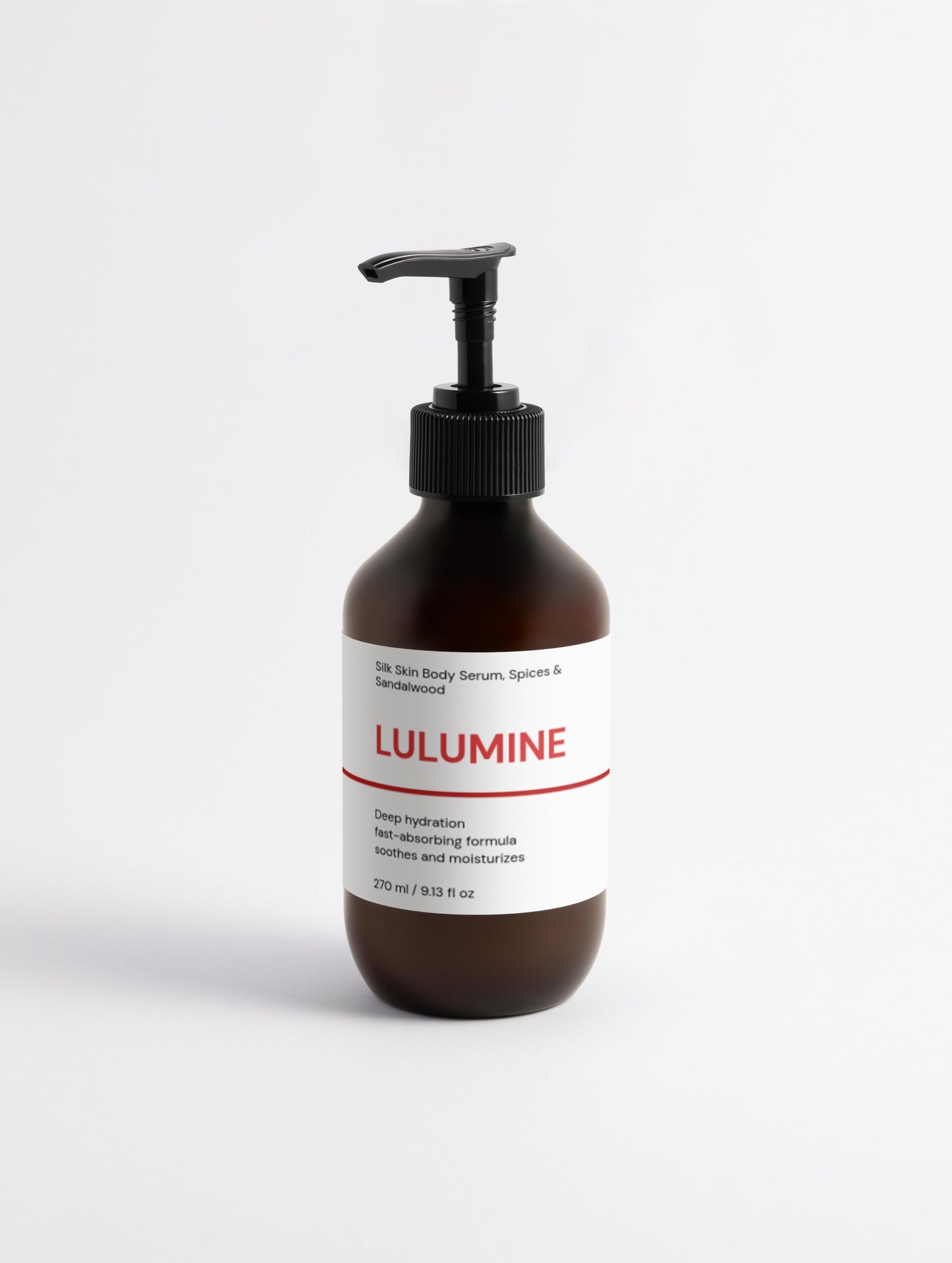 Lulumine skincare serum bottle on a white background