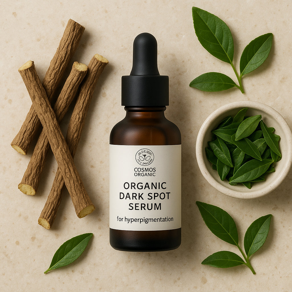 A serene flat-lay of a COSMOS certified organic serum bottle and natural ingredients like licorice root and green tea leaves. Alt: Organic dark spot serum for hyperpigmentation with natural ingredients.