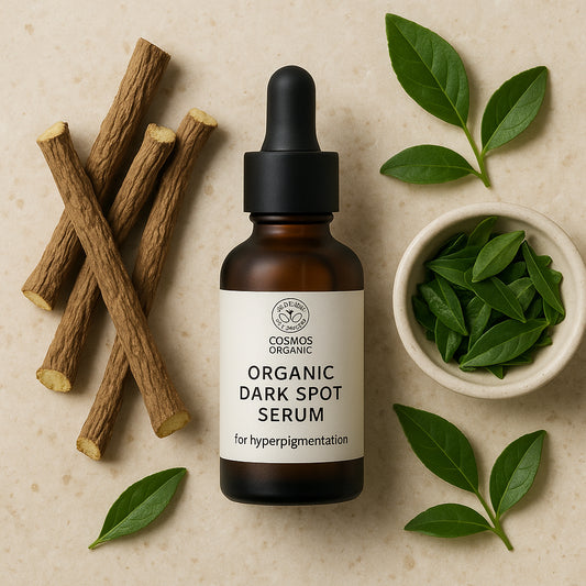 A serene flat-lay of a COSMOS certified organic serum bottle and natural ingredients like licorice root and green tea leaves. Alt: Organic dark spot serum for hyperpigmentation with natural ingredients.