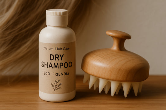 A bottle of eco-friendly dry shampoo next to a gentle scalp massager, highlighting natural hair care routine for fine hair. Alt: Natural hair care routine for fine hair with dry shampoo and scalp massager.