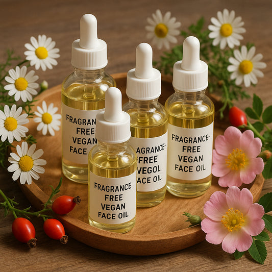 A collection of clear glass bottles of fragrance-free vegan face oils arranged on a wooden tray, surrounded by chamomile and rosehip flowers. Alt: The best fragrance-free vegan face oil for sensitive skin bottles with natural botanicals.