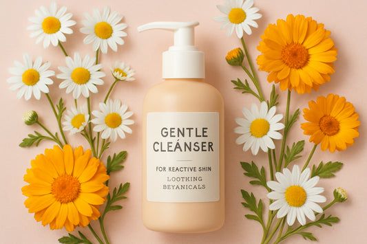 A pastel-toned flatlay of a gentle cleanser bottle surrounded by fresh chamomile and calendula flowers. Alt: gentle cleanser for reactive skin with soothing botanicals.