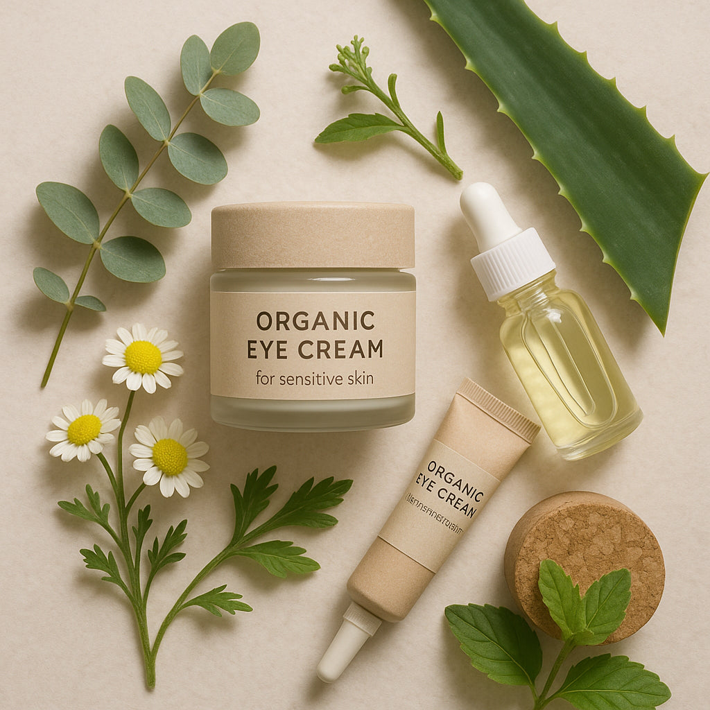 A soothing collection of organic eye creams and botanicals, emphasizing gentle care for sensitive skin. Alt: Organic eye cream for sensitive skin in eco-friendly packaging with natural botanical ingredients.