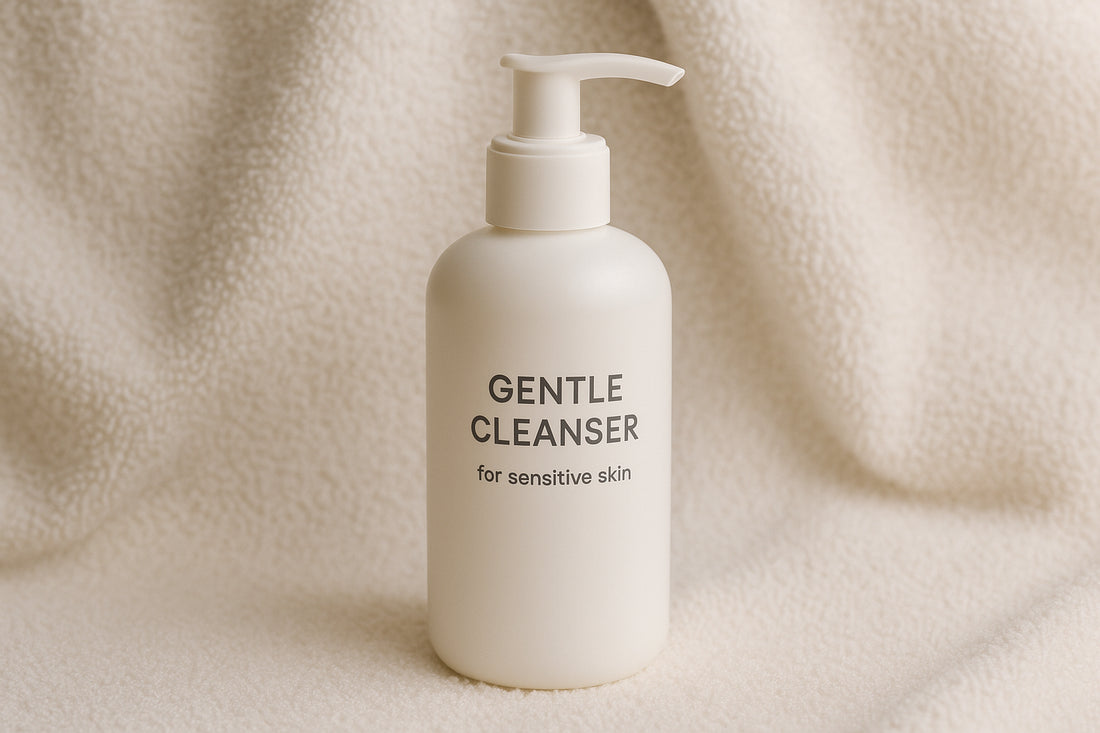 A refreshing bottle of gentle cleanser against a soft towel backdrop. Alt: Gentle cleanser for sensitive skin