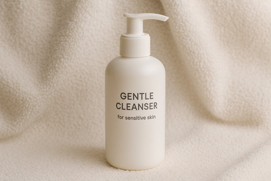 A refreshing bottle of gentle cleanser against a soft towel backdrop. Alt: Gentle cleanser for sensitive skin