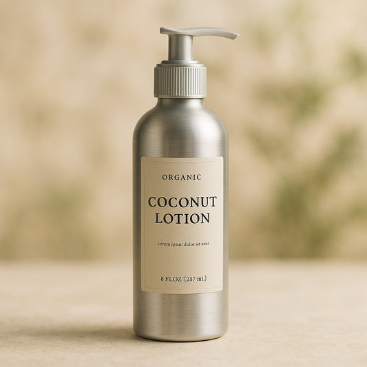 An elegant organic coconut lotion bottle with sustainable aluminium packaging, set against a soft natural background. Alt: Best organic coconut lotion with sustainable packaging.