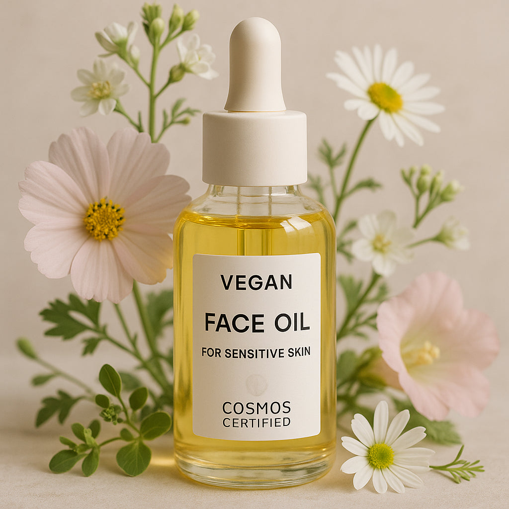 A beautiful, natural COSMOS certified vegan face oil bottle surrounded by soft, fresh botanicals, emphasizing purity and sensitivity. Alt: Best COSMOS certified vegan face oil for sensitive skin in elegant glass bottle with flowers.