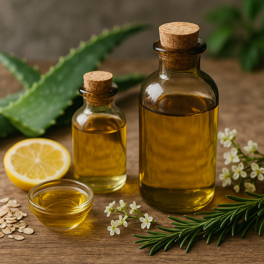A natural DIY cruelty-free body oil blend with glass bottles and botanical ingredients. Alt: Cruelty-free body oil massage ritual natural homemade oils in glass bottles.