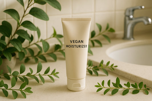 An elegant tube of vegan moisturizer on a bathroom counter, surrounded by fresh greenery. Alt: Minimalist morning skincare moisturizer