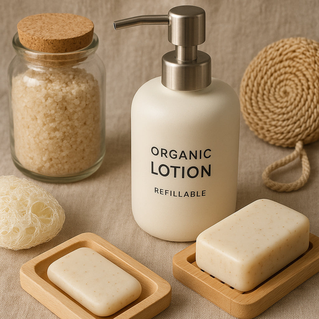 Close-up of sustainable refillable body care packaging with organic lotion and bath accessories. Alt: Sustainable refillable body care packaging for organic beauty products.