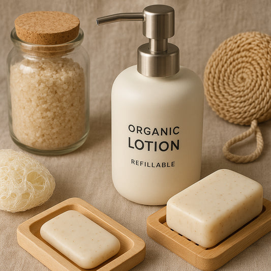 Close-up of sustainable refillable body care packaging with organic lotion and bath accessories. Alt: Sustainable refillable body care packaging for organic beauty products.
