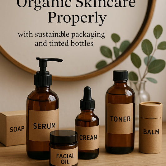 A neat vanity with organic skincare products stored in tinted glass containers and eco-friendly packaging. Alt: "Guide to storing organic skincare properly with sustainable packaging and tinted bottles"