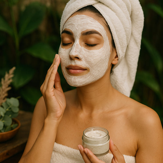 Woman applying a vegan hydrating face mask for dry skin in a natural setting, conveying calmness and luxury. Alt: Vegan hydrating face mask for dry skin application with organic ingredients.