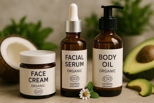 Close-up of COSMOS-certified organic skincare bottles with natural ingredients in the background. Alt: COSMOS certified organic skincare benefits on display with natural ingredient products.