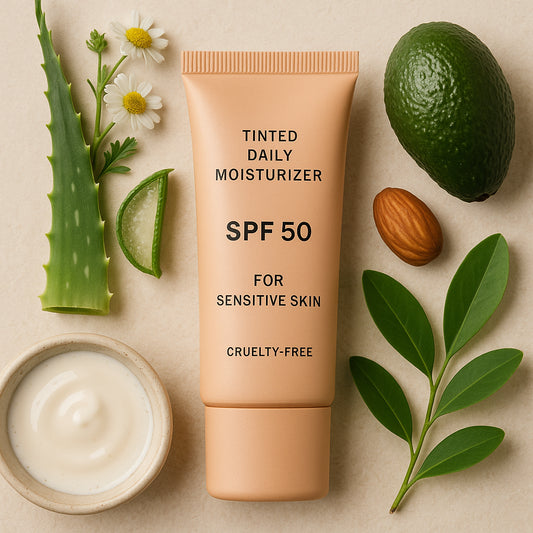 A close-up of a tinted daily moisturizer tube with SPF 50, surrounded by clean, natural ingredients for sensitive skin. Alt: best cruelty-free tinted daily moisturizer with spf 50 for sensitive skin in a natural skincare setting.