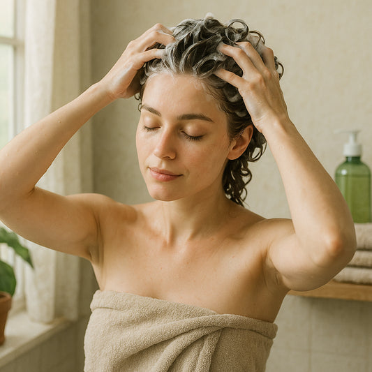 A serene image of a woman gently massaging her scalp in a natural, softly lit bathroom. Alt: Best organic shampoo for oily scalp nurturing gentle self-care routine.