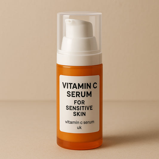 Close-up of an airless pump vitamin C serum bottle for sensitive skin, set against a minimalist background. Alt: Best vitamin C serum for sensitive skin UK in protective airless packaging.