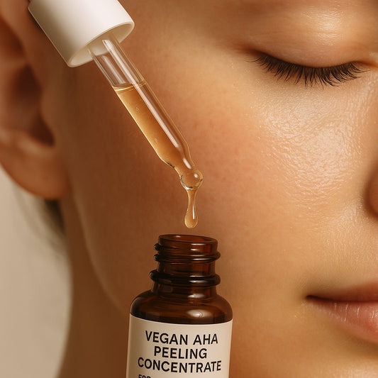 A delicate dropper applying vegan AHA peeling concentrate onto gentle, healthy skin. Alt: Vegan AHA Peeling Concentrate for sensitive skin showing hydration and gentle exfoliation.
