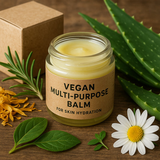 A jar of vegan multi-purpose balm surrounded by natural plant ingredients and eco-friendly packaging. Alt: Vegan multi-purpose balm for skin hydration with organic, cruelty-free packaging.