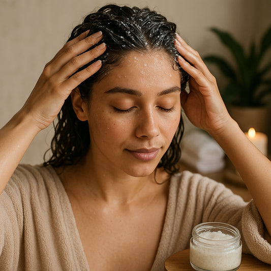 A serene self-care scene showing a woman massaging a gentle scalp scrub into her hair in a spa-like setting. Alt: gentle scalp scrub for sensitive scalp application ritual