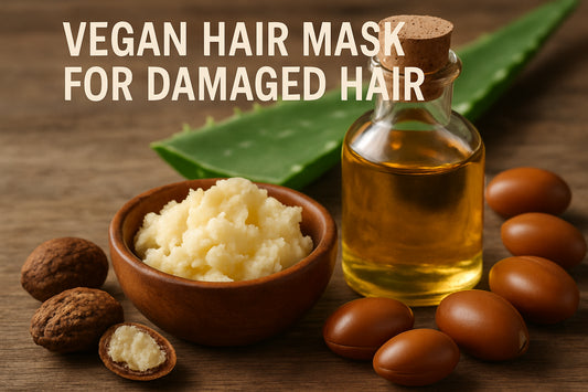 Close-up of natural vegan ingredients like argan oil and shea butter for hair masks. Alt: vegan hair mask for damaged hair ingredients