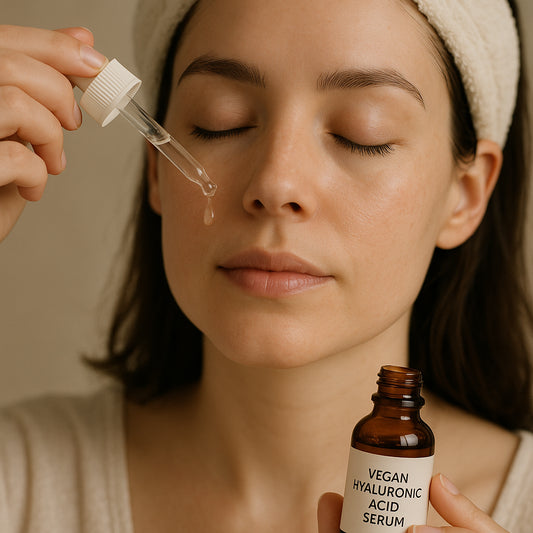 A serene close-up of a woman applying a vegan hyaluronic acid serum to her sensitive skin, highlighting gentle care and hydration. Alt: How to incorporate vegan hyaluronic acid serum into a sensitive-skin routine.