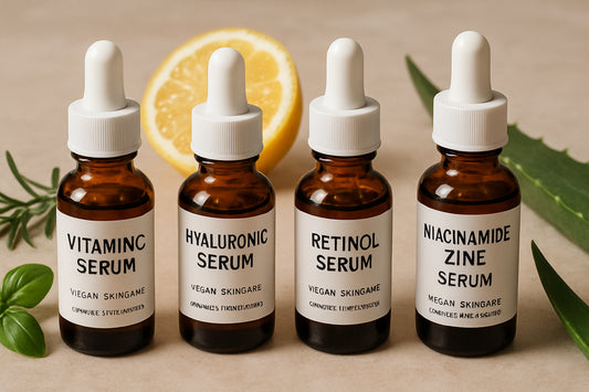 Close-up of vegan skincare serums with organic ingredients. Alt: How to layer vegan serums for sensitive skin with natural, cruelty-free products.