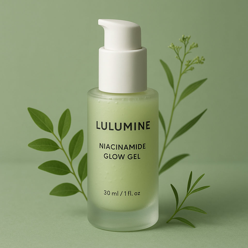 A sleek bottle of Lulumine Niacinamide Glow Gel with subtle hints of plant ingredients, set against a soft green background. Alt: How to use Lulumine Niacinamide Glow Gel for oily skin in an eco-certified skincare routine.