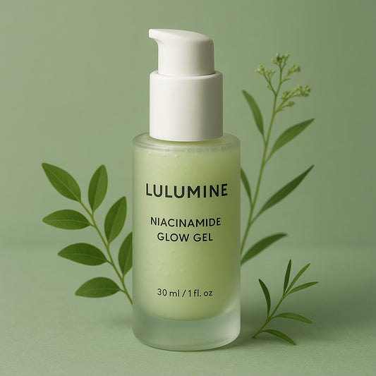 A sleek bottle of Lulumine Niacinamide Glow Gel with subtle hints of plant ingredients, set against a soft green background. Alt: How to use Lulumine Niacinamide Glow Gel for oily skin in an eco-certified skincare routine.