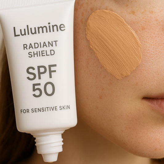 Lulumine Radiant Shield SPF 50 close-up of texture and tinted application on sensitive skin. Alt: How to use Lulumine Radiant Shield SPF 50 for sensitive skin with tinted coverage.