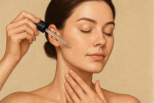 Illustration of applying peptide serum gently on face and neck, showing correct skincare layering. Alt: How to use peptide serum for anti aging gently on skin.