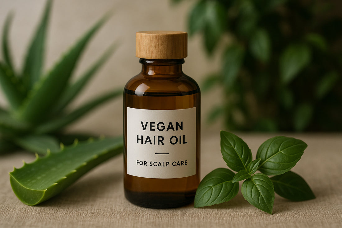 A descriptive prompt for an AI image generator, related to vegan hair oils. Alt: Vegan hair oil for scalp care