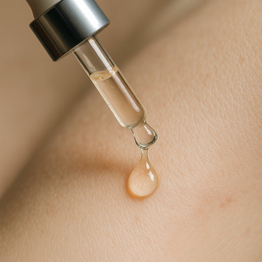 Close-up of a dropper delivering organic hyaluronic acid serum onto delicate skin, highlighting hydration and gentle care. Alt: organic hyaluronic acid serum for sensitive skin enhancing skin hydration and soothing.