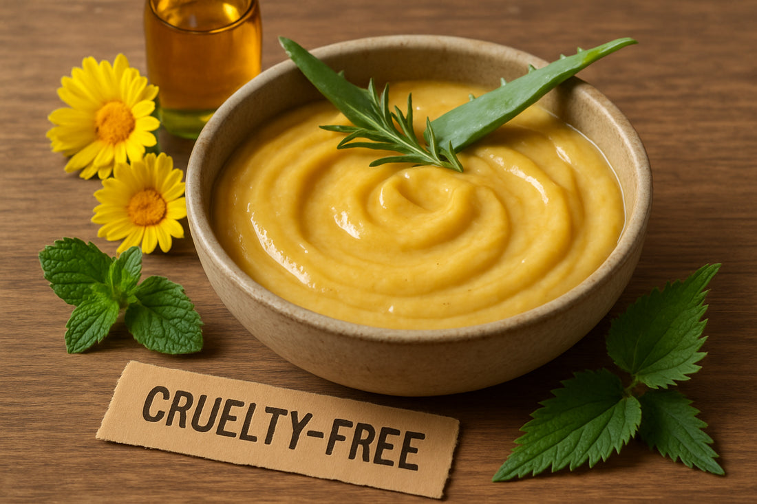 A bowl filled with natural oils and plant extracts used in cruelty-free hair masks. Alt: Cruelty-free hair mask for dry damaged hair with botanical ingredients.