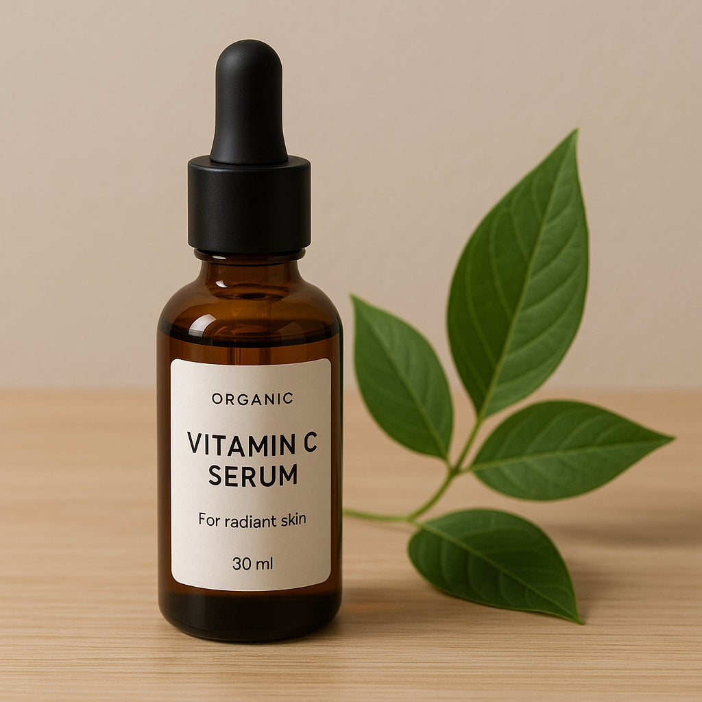 A sleek, eco-friendly vitamin C serum on a minimalist wooden surface, botanical leaves beside it. Alt: Organic vitamin C serum for radiant, environmentally conscious skin.